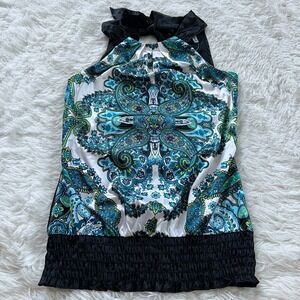 Studio Y Womens Top XS Halter Bow Neck Whimsigoth Satin Retro Smocked 14159 X